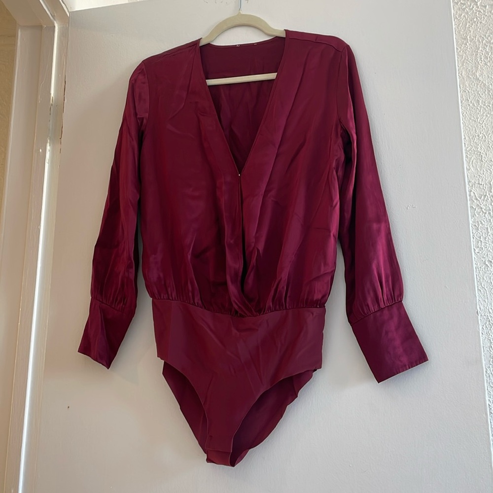 Burgundy Silky Long Sleeve Bodysuit